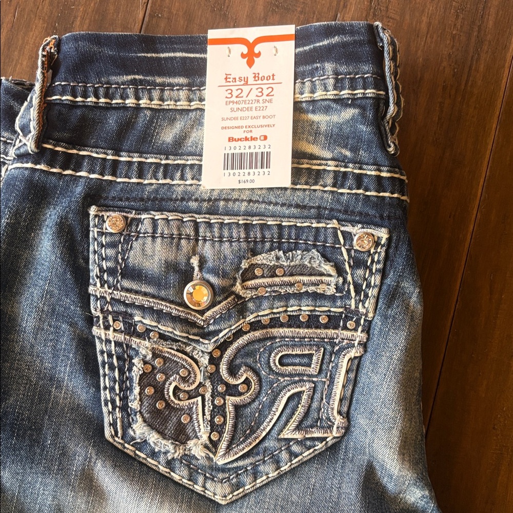 Rock Revival Distressed Blue Jeans with Embroidery
